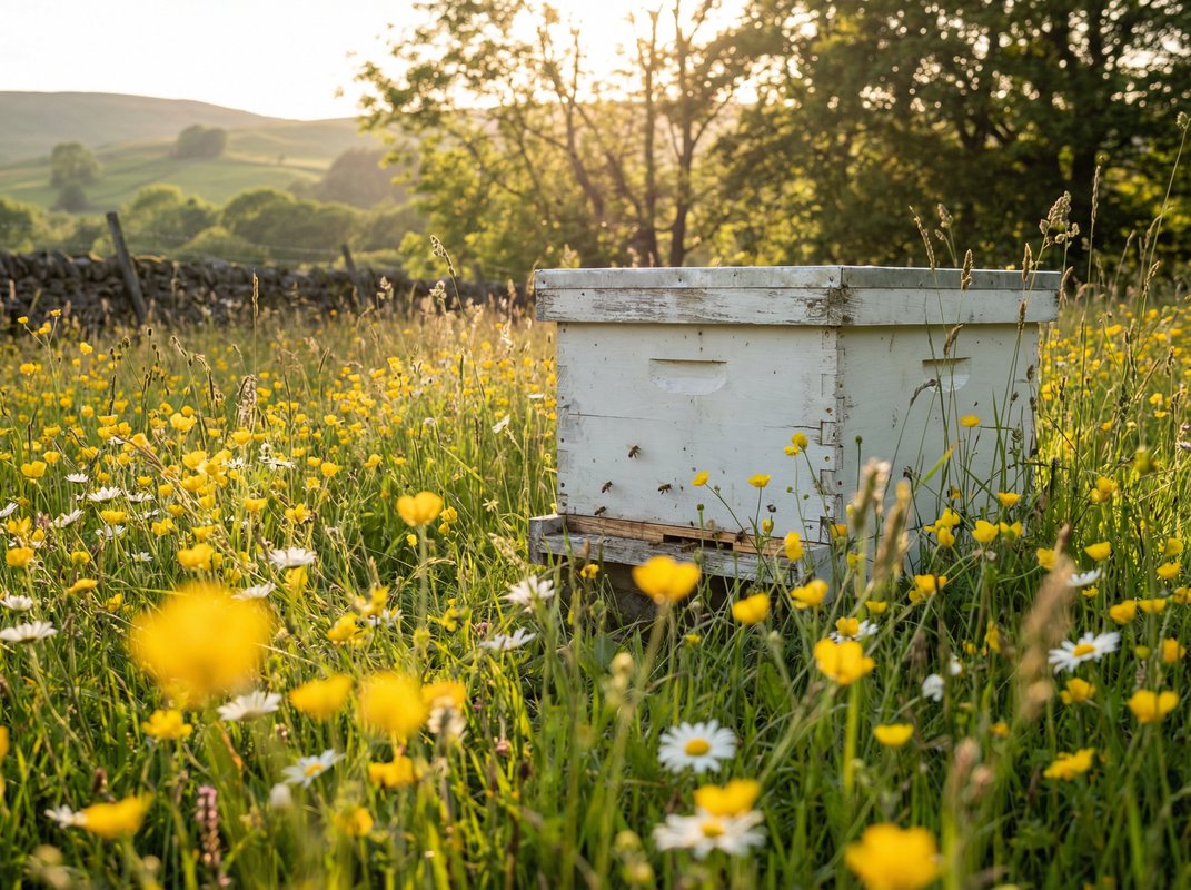 A wooden beehive surrounded by wildflowers in a sunny meadow