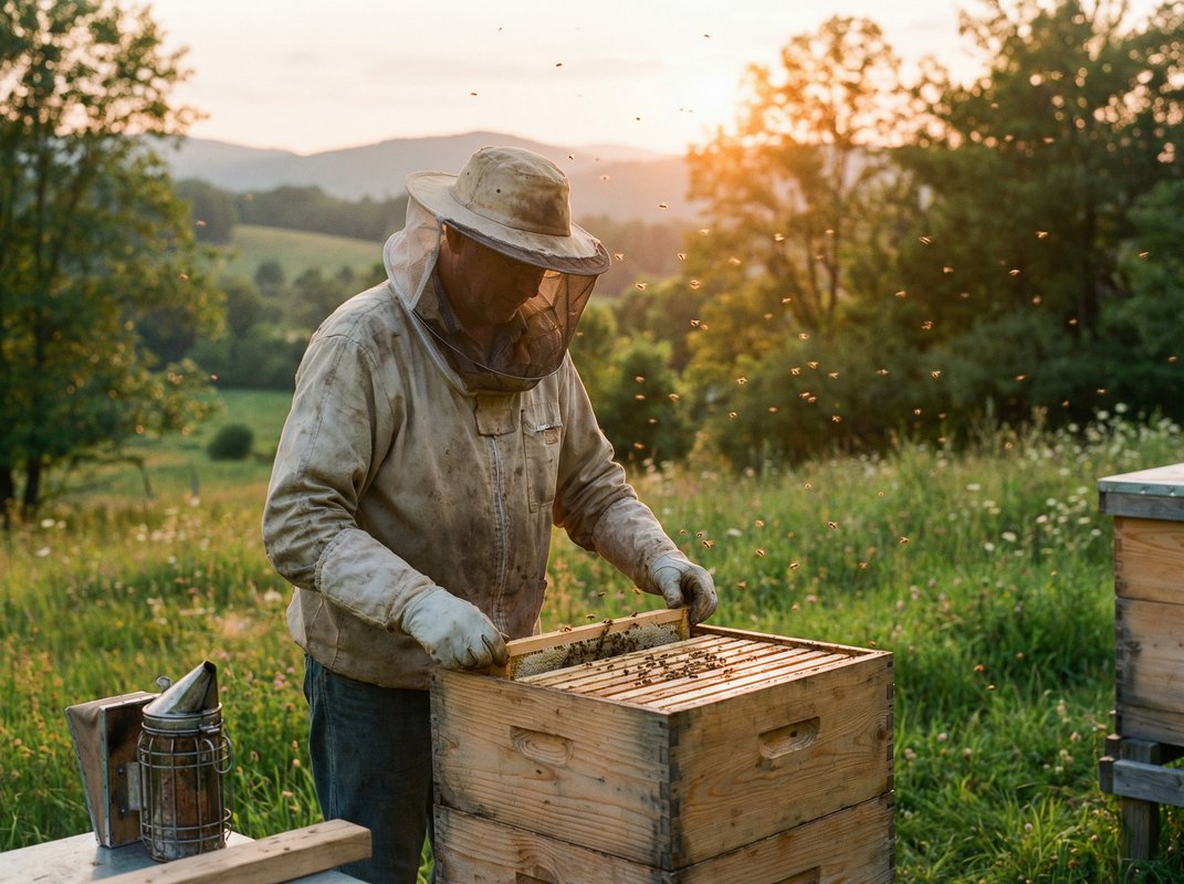 A beekeeper tending to hives at golden hour in a wildflower meadow